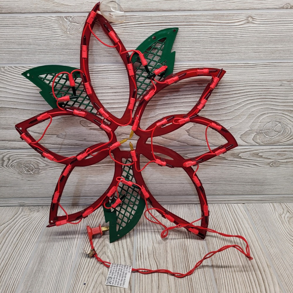 Seasonal Lighted Poinsettia Window Silhouette Red Green Christmas‎ Holiday Vtg